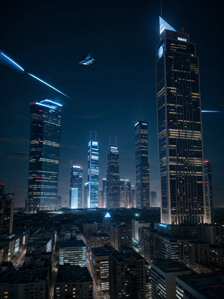 Future, giant buildings, blue lights, beautiful future, fly cars, years 2050