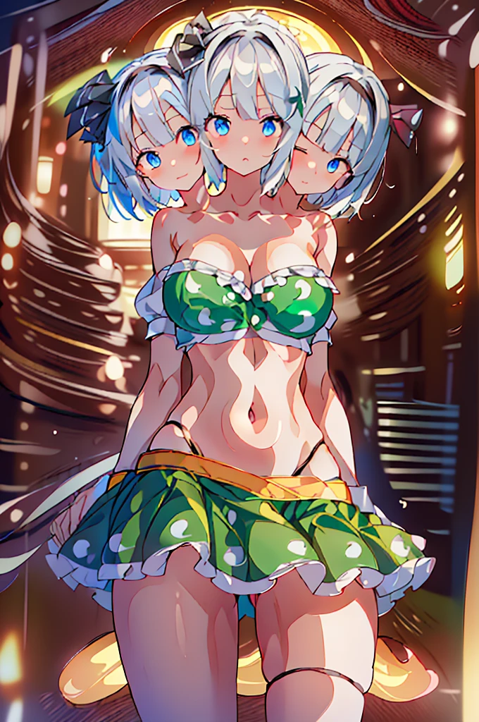 (masterpiece, best quality), best quality, (ultra-detailed), (3heads:1.5), 1girl, (ultra-detailed), (3heads:1.5), 1girl, (konpaku youmu:1.3), masterpiece, best quality, ultra quality, ultra resolution, green top, crop top, ((stomach)), midriff, ((groin)), green skirt, normal ears, shackles, white hair, very long hair, wavy hair, sidelocks, blue eyes, detailed eyes, parted lips, black headband, sweat, cute, toned belly, hand on own chest, eyelashes, (24 year old woman:1.3), (masterpiece:1.5), (best quality:1.5), (beautiful detailed), extremely detailed CG, extremely delicate and beautiful, depth of field, (finely detailed face), (perfect details:1.2), (mature female:1.3), wide pelvis, slender, large veiny breast, 16k resolution, highres, high quality, high definition, extremely detailed, masterpiece, best quality, white hair, long hair, alluring presence, braid, short skirt, close up, big tits, young, black headband, black ribbon,
