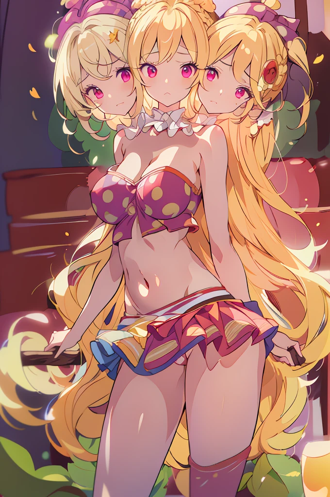 (masterpiece, best quality), best quality, (ultra-detailed), (3heads:1.5), 1girl, (ultra-detailed), (3heads:1.5), 1girl, (clownpiece:1.3), masterpiece, best quality, ultra quality, ultra resolution, ultra detail, red and blue top, crop top, ((stomach)), midriff, ((groin)), red and blue skirt, normal ears, shackles, blonde hair, very long hair, wavy hair, sidelocks, pink eyes, parted lips, blonde, sweat, cute, toned belly, hand on own chest, eyelashes, (24 year old woman:1.3), (masterpiece:1.5), (best quality:1.5), (beautiful detailed), extremely detailed CG, extremely delicate and beautiful, depth of field, (finely detailed face), (perfect details:1.2), (mature female:1.3), wide pelvis, slender, large veiny breast, 16k resolution, highres, very high quality, very high definition, extremely detailed, masterpiece, blonde hair, long hair, alluring presence, braid, short skirt, close up, big tits, young, purple, polka-dotted jester's hat, fairy wings, torch, nsfw, open belly,
