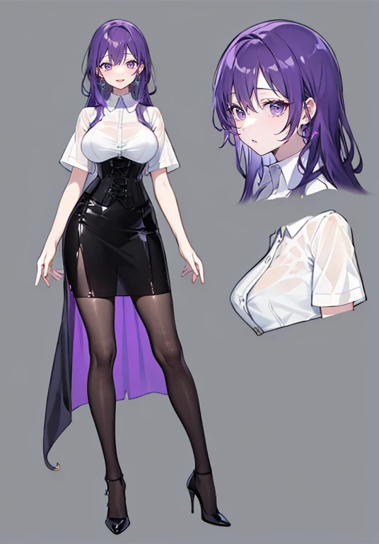 Purple Hair,voluminous long hair,Adult female,(suit),See-through shirt,See-through tops,((Roll up your sleeves)),(corset),(Tight Skirt),(High heels),Heels are visible,((Simple Background)),smile,((whole body)),((whole body)),Character Sheet,