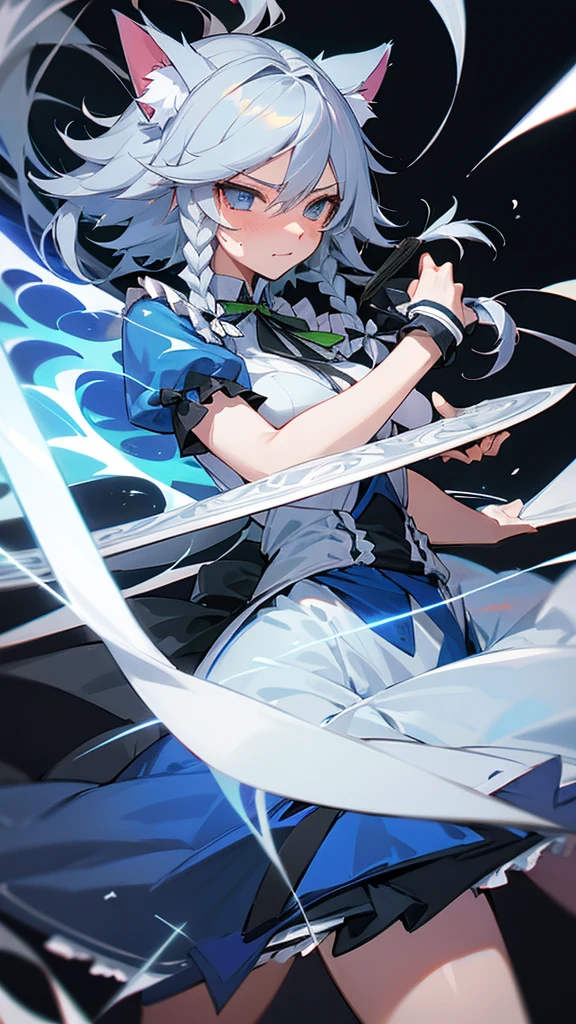 highest quality　Neutral face　woman　I have long hair　Odd Eye　one person　Gray Hair　Sakuya Izayoi　beautiful girl　Cat ear　kind　Embarrassed　Silver knife　Miko costume