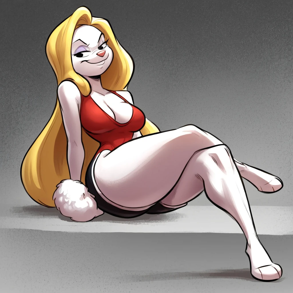 Minvera mink from Animaniacs, wearing black swimming shorts, yellow girl hair, red one piece swimsuit, sitting down with crossed legs, has thick thighs, smug expression, high quality, crisp, 1girl,