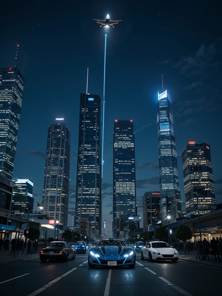 Future, giant buildings, blue lights, beautiful future, fly cars, years 2050