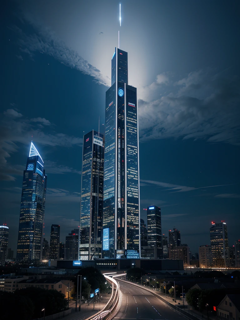 Future, giant buildings, blue lights, beautiful future, fly cars, years 2050