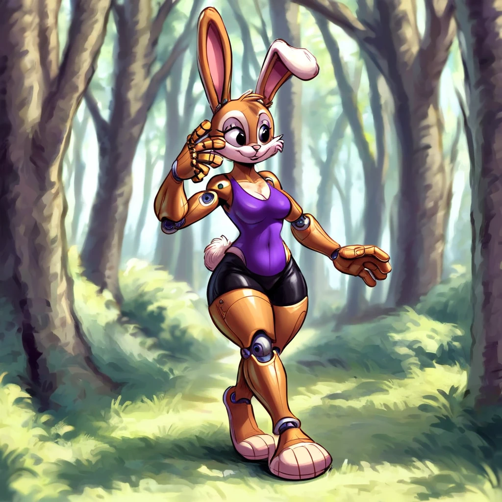 Bunnie Rabbot from Sonic Satam, wearing purple one piece swimsuit, wearing black shorts, brown fur, one robotic leg, thick thighs, beautiful limbs, walking in the forest, high quality, Dan Haskett Character Design style,