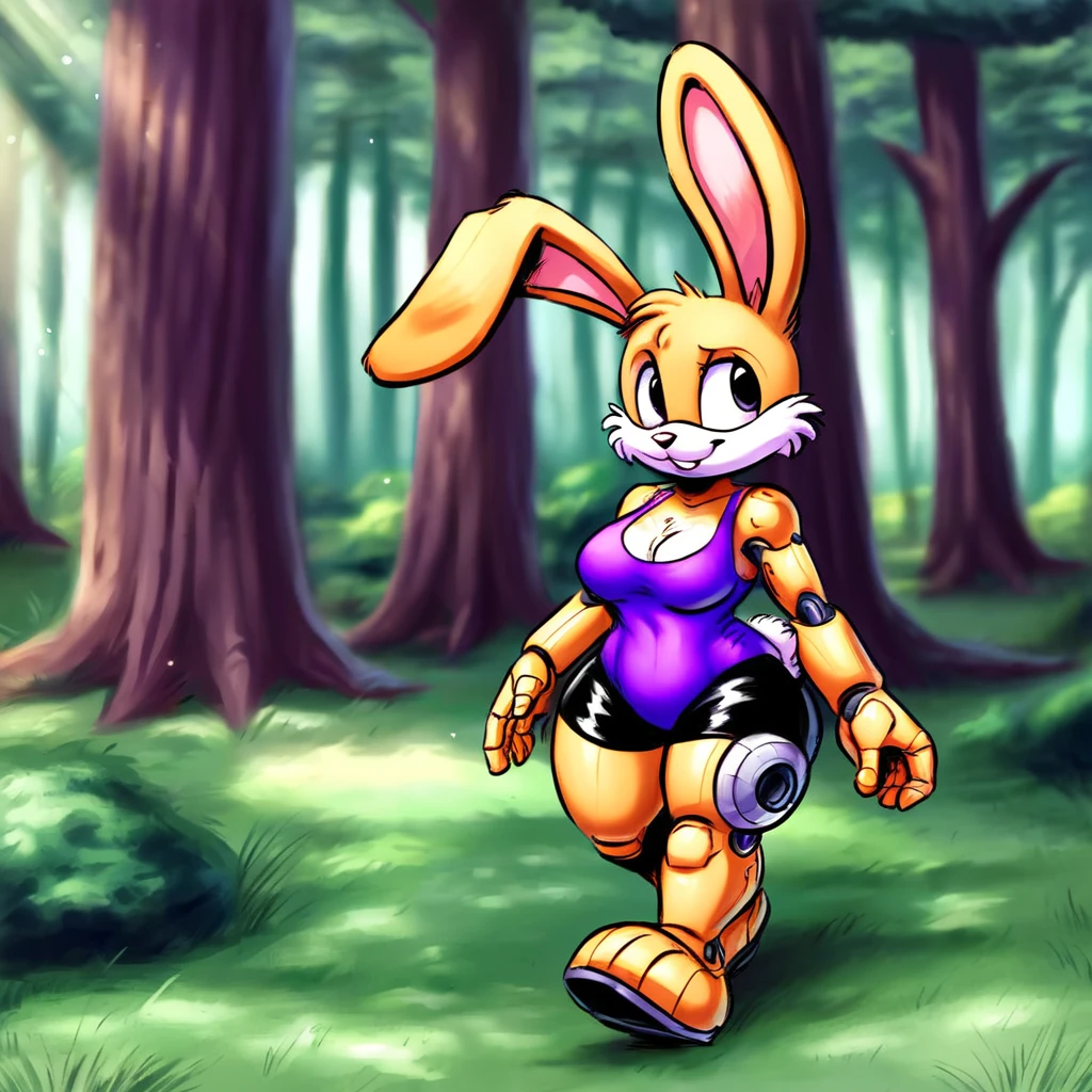 Bunnie Rabbot from Sonic Satam, wearing purple one piece swimsuit, wearing black shorts, brown fur, one robotic leg, thick thighs, beautiful limbs, walking in the forest, high quality, Dan Haskett Character Design style,
