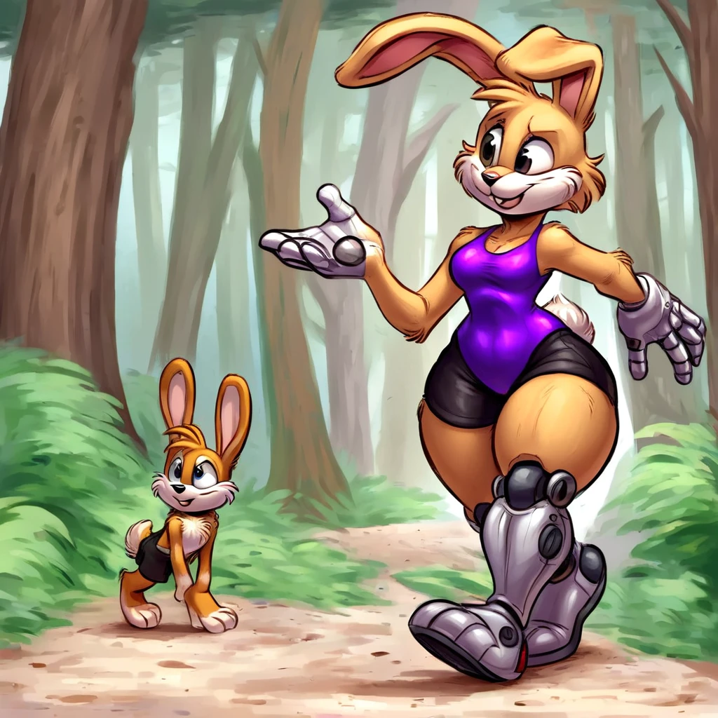 Bunnie Rabbot from Sonic Satam, wearing purple one piece swimsuit, wearing black shorts, brown fur, one robotic leg, thick thighs, beautiful limbs, walking in the forest, high quality,