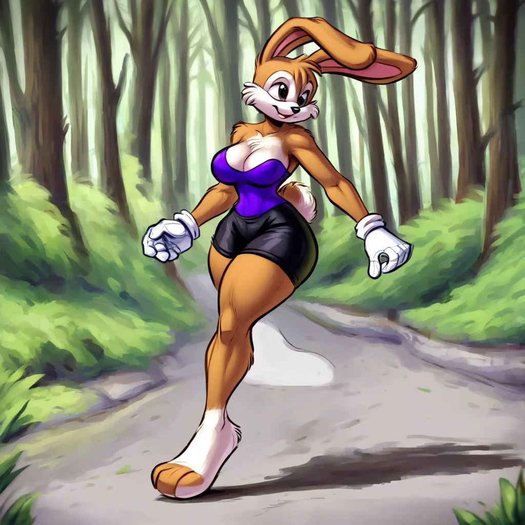 Bunnie Rabbot from Sonic Satam, wearing purple one piece swimsuit, wearing black shorts, brown fur, one robotic leg, thick thighs, beautiful limbs, walking in the forest, high quality, Dan Haskett Character Design style,