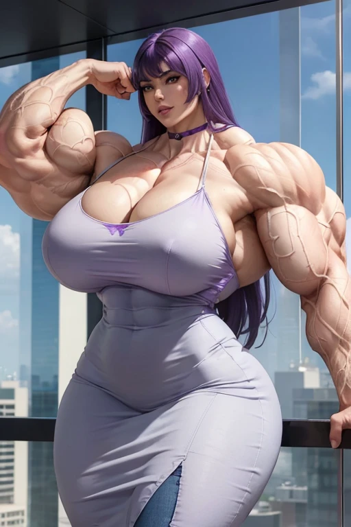 ((((Massive tall, beautiful, buff, pale white skinned muscular woman with violet purple hair, ginormous bulky muscles and wearing a beautiful denim pencil dress)))), (close view), massive muscles, massive biceps, hyper muscle shoulders, massive muscle arms, vascular shoulders, hyper muscle triceps, (long hair with long bangs), black eyes, choker, on top of a sunny skyscraper In the sky, confidant smile, hyper vascular arm, hyper muscles arms, hyper muscle legs, (massive arms).