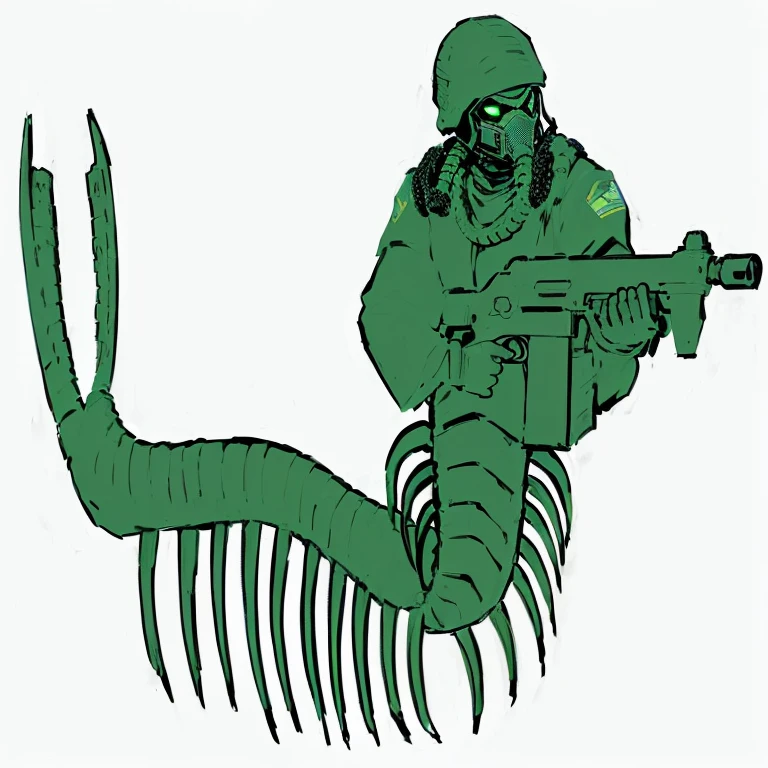 illustration of a soldier with a machine gun and a snake, colonial marines, in travis charest style, snake from metal gear, in the art style of quetzecoatl, green arms, scorpion, his trunk is a long tentacle, xenomorphic, from aliens franchise, as atlantean reptilian warriors, his trunk is a huge tentacle