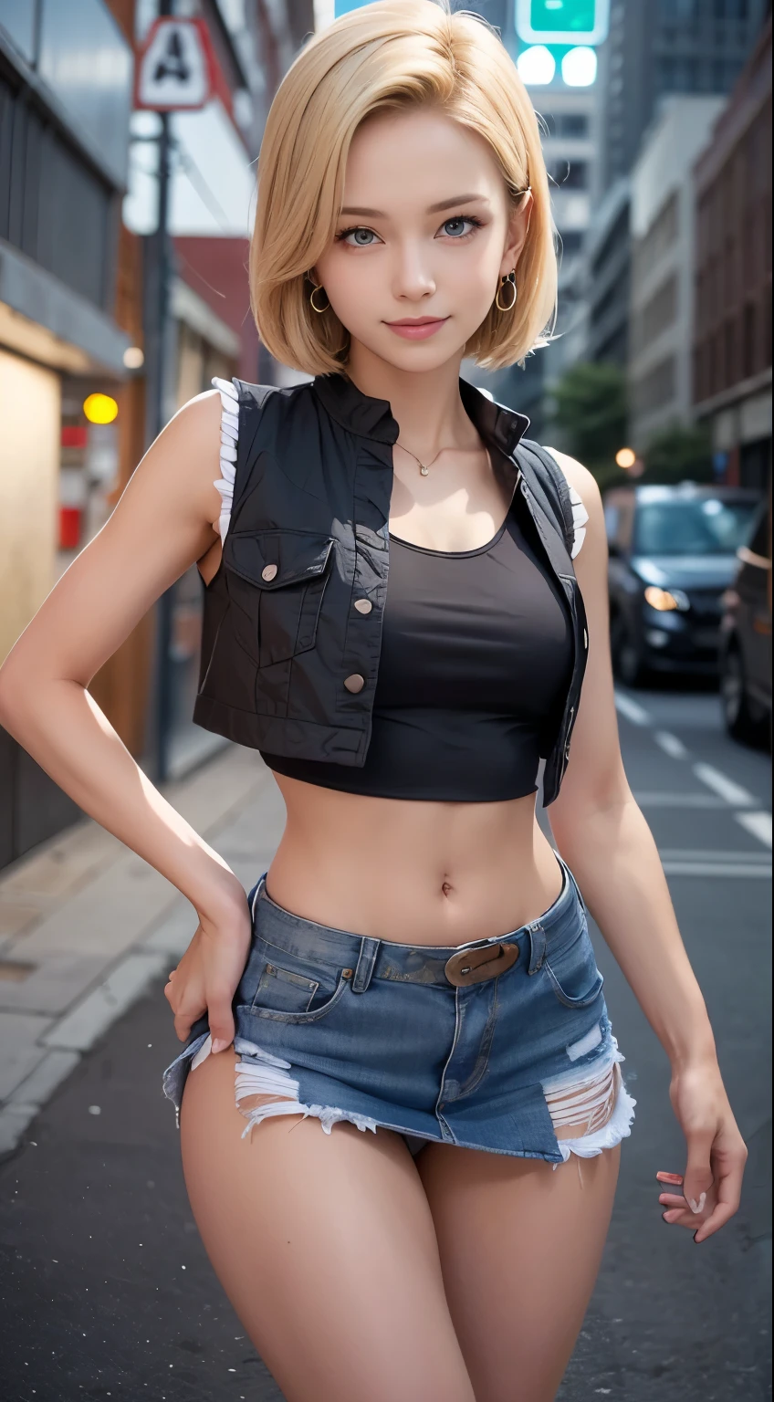highest quality, High resolution, And 18, 1 girl, Android 18, alone, Blonde Hair, blue eyes, short hair, Cute Smile，Earrings, jewelry, Denim dress, Open Vest, Black sports bra, Jeans Mini Skirt,  Blue mini skirt, Small breasts, Cowboy Shot, She is wearing black short boots，street, (External expansion chest: 1.2)，
