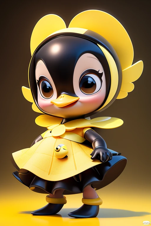 create an image of a beautiful and happy baby duck dressed as a bee with a skirt and with lines in black and yellow colors in Pixar format. put the name: "Patytos de Layme" in 3D