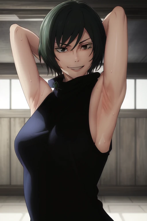 masterpiece, best quality, high quality, absurdres, indoors, Mai, turtleneck, sleeveless,  put your hands behind your head, armpits, armpits visible, sweaty armpits, smile