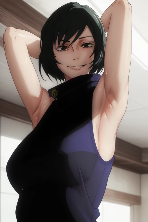 masterpiece, best quality, high quality, absurdres, indoors, Mai, turtleneck, sleeveless,  put your hands behind your head, armpits, armpits visible, sweaty armpits, smile