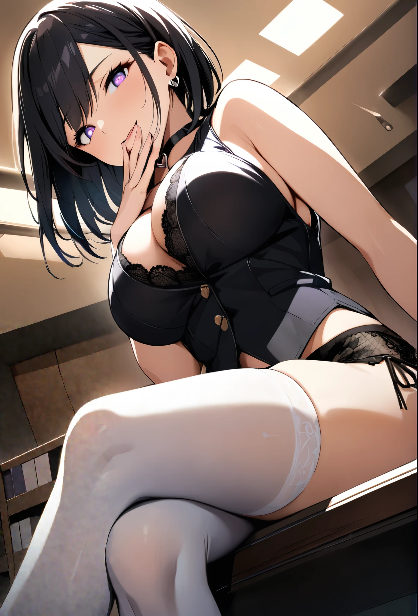 {lady with shoulder-length black hair named Rico}, business suits,tall,''short hair,lovestruck,grossy lips, (It feels like saying Hello, daytime hours), indoor,{going out style}, ((Heart-shaped choker) ), (office room), Bright background,purple eyes, Mole under the eye, Heart-shaped choker, ((Masterpiece)), Highly detailed CG Unity 8k wallpaper), Top quality,, Detailed background, beautifully detailed eyes, heart shaped pupils,hollow eyes, looking at viewer,(very delicate and beautiful)), ((beautiful) eyes (detailed description),extra large breasts, browse,shirts,vest,floating heart,sadistic smile,growing eyes,try to show me breasts and lingerie,black lace,earring,from below,crossed legs,panty,thighhigh,put hands on mouth,