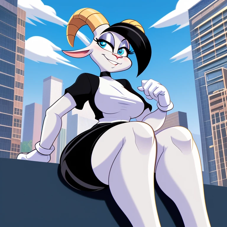 A anthropomorphic female goat, wearing cartoon white gloves, beautiful eyes, thick thighs, wearing black shorts, sitting down on a tall building, smug expression, in the Eric Schwartz furry cartoon aesthetic.