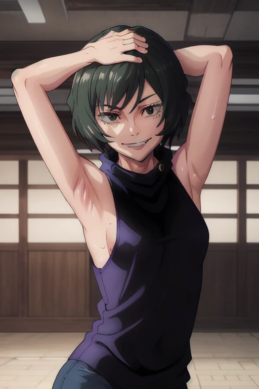 masterpiece, best quality, high quality, absurdres, indoors, Mai, turtleneck, sleeveless, put your hands behind your head, armpits, armpits visible, sweaty armpits, smile