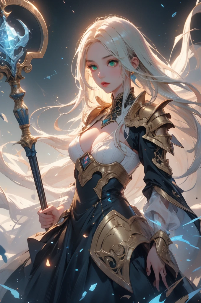 (masterpiece, best quality, 8k), a beautiful girl in a garden,(full body) 1 girl, detailed realistic face, (detailed green eyes, detailed lips, long eyelashes), (perfect long golden hair), elegant sci-fi dress, sci-fi mage robe, shoulder armor pad, casting spell with her staff, intricate staff, ornated staff, (blue energy, blue spells, blue aura), perfect hands, perfect body, perfect face, moonlight, natural environment, realistic lighting, cinematic, intricate details, highly detailed, hyper realistic,  vibrant colors