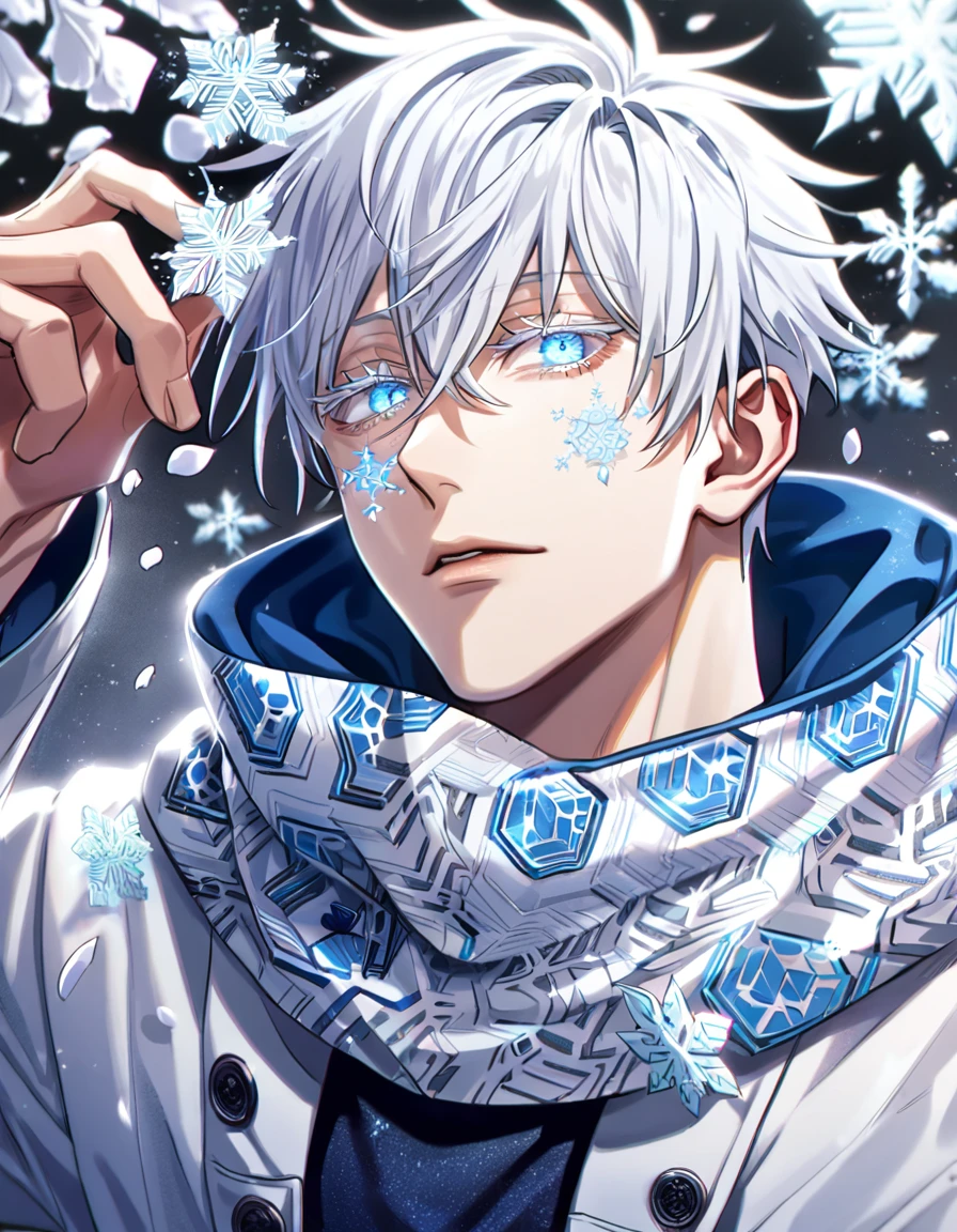 Ultra detailed, Highres, absurdres, HDR, Gojo Satoru, white hair with bangs, expressive blue eyes, hair between the eyes, white eyelashes, white coat with patterns with a hoddie, Jujutsu Kaisen, white flowers, winter, ice, snowflakes, petals, handsome, sexy man, solo, very detailed eyes and face, ice butterflies, master piece, toned chest, glittering, fantasy,