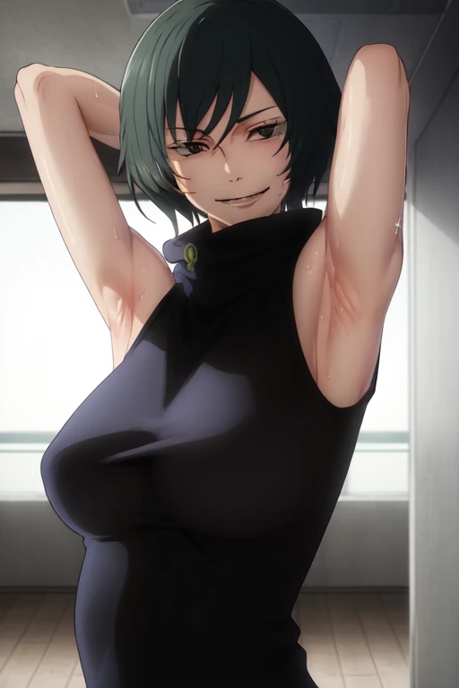 masterpiece, best quality, high quality, absurdres, indoors, Mai, turtleneck, sleeveless,  put your hands behind your head, armpits, armpits visible, sweaty armpits, smile, very small breast