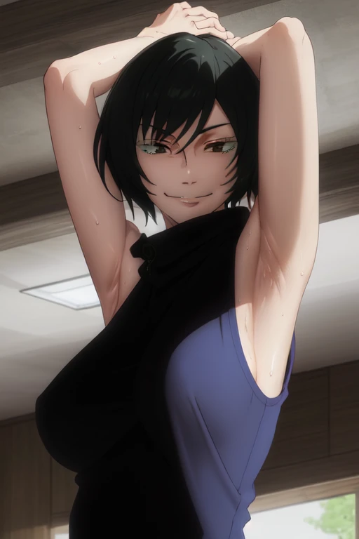 masterpiece, best quality, high quality, absurdres, indoors, Mai, turtleneck, sleeveless,  put your hands behind your head, armpits, armpits visible, sweaty armpits, smile, very small breast