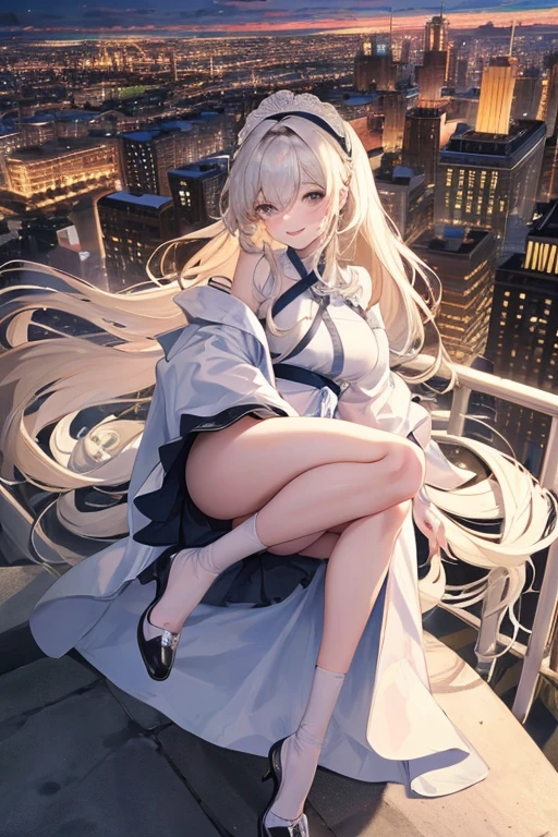 Official Art, masterpiece, Clear focus, (beautiful, Beautiful and cute Korean woman:1.3), (Beautiful and cute Korean:1.3), Korean beauty, 精致beautiful头发、Eyes and face, actual, Super detailed, beautiful女孩, Blue sky, Glowing white particles, (Side Light:1.2), Sunlight, White Cloud, Detailed clouds, Slim, Such a cute big ass, Smile with teeth bared, ((Smile with your eyes, Open your eyes)), landscape, Long straight hair, sexy facial expression, architecture, (city View:1.7), Dynamic Hair, very Long straight hair, Delicate platinum-blonde hair, Green Eyes, Pink skirt, Black socks, Pale skin, Hair accessories, epic landscape,,White high heels,Nice ass,beautiful buttocks,There's nothing under the skirt.,weight loss