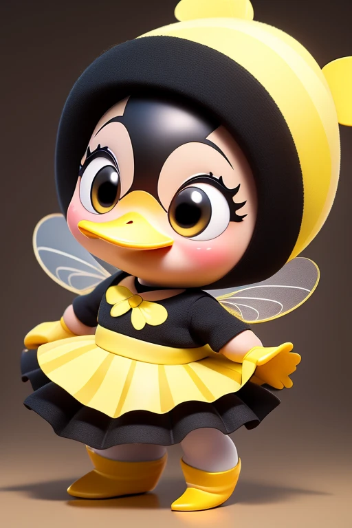 create an image of a beautiful and happy baby duck dressed as a bee with a skirt and with lines in black and yellow colors in Pixar format. put the name: "Patytos de Layme" in 3D