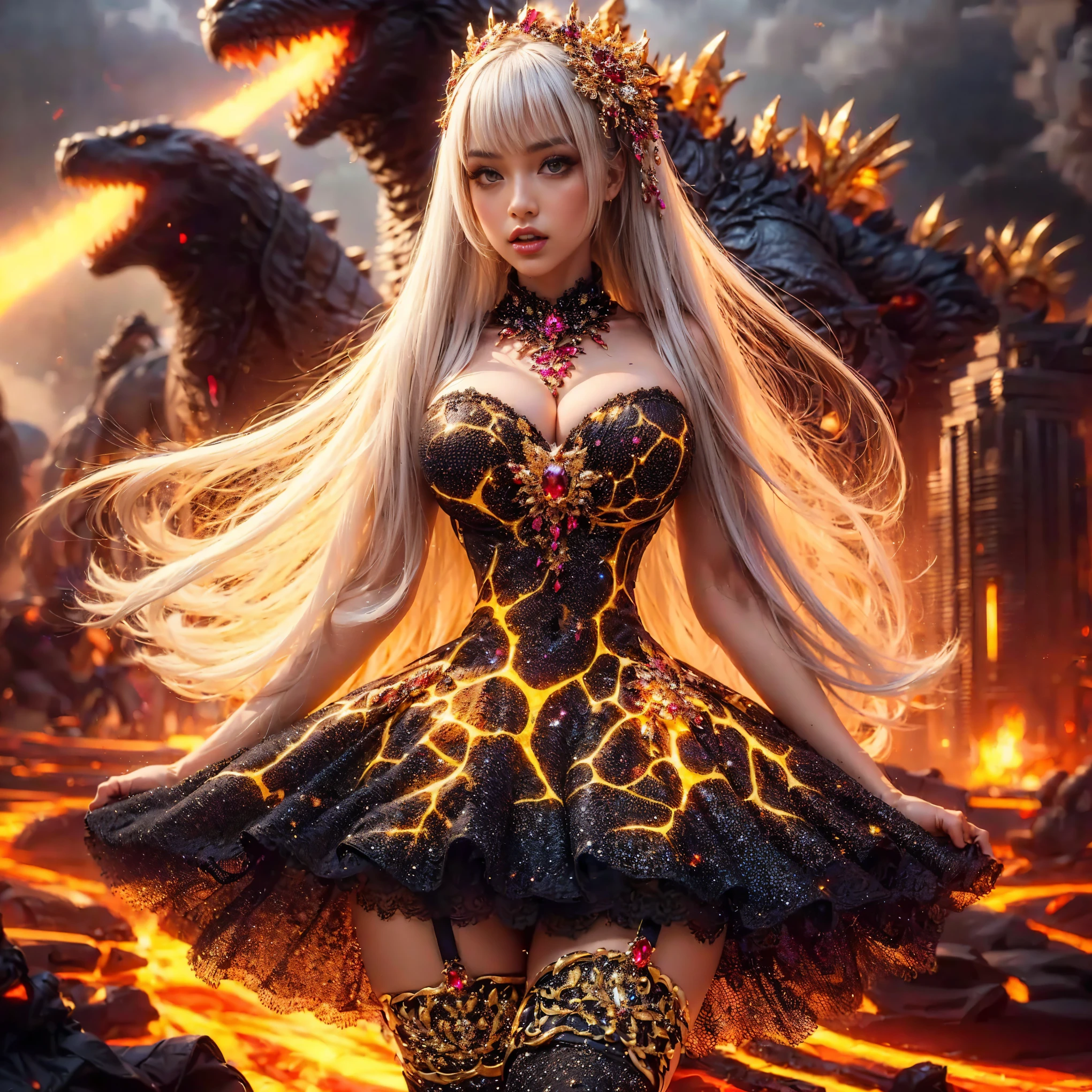 An asian woman with loose hair, standing on the stairs in the middle of a magical atmosphere, with a predominantly black and purple costume, a strapless corset-style dress decorated with bright purple jewels, a short tutu skirt, black thigh-high stockings with lace tops and ornaments purple jewels, white high heels with gold decoration, grand staircase background under mysterious sky full of stars and celestial bodies, crystal detailed, hyper realistic, hyper detail Transparent clothing, Detailed gemstones, masterpiece, best quality:1.2),,(8k,highres,RAW photo,realistic,photo-realistic:1.3),(detailed skin texture,detailed cloth texture, beautiful detailed face:1.25),professional lighting,photon mapping,beautiful soft light,radiosity,physically-based rendering,raytracing, model shoot style, model shoot style, (extremely detailed CG unity 8k wallpaper), full shot body photo of the most beautiful artwork in the world (NSFW), (Nude), (Naked), (Nipple) (pussy) (small pussy) (exposed pussy) (Navel)
