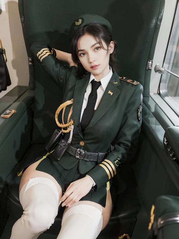 Very detailed CG unity 8K wallpaper，（tmasterpiece），（best qualtiy），（ultra - detailed），（Ultra photo realsisim），（best character detail：1.36），Nikon D750 f / 1.4 55mm，profesional lighting， physically-based renderingt, 1girll, Female soldier，army suit，Green military uniform，Fabric texture military uniform，Dark green tie，Army green skirt，military hat，Black hair，the golden ratio,[:(com rosto detalhado:1.2):0.2]:,PureErosFace_V1, broad shoulder,(Bigchest:1.5),(big assa:1.5)，Wide buttock ，Bare legged，Plump legove the center of gravity back，Squat on the grass，Spread your legs apart，The skirt covers the bottom of the skirt，whitestocking，Small black leather shoes，hands lying on thighs，Soaked with sweat，red flags，At the cafe，Night Street，bright sun，Look at the audience from the front，Bright smile，White teeth，lighting，Contre-Jour，