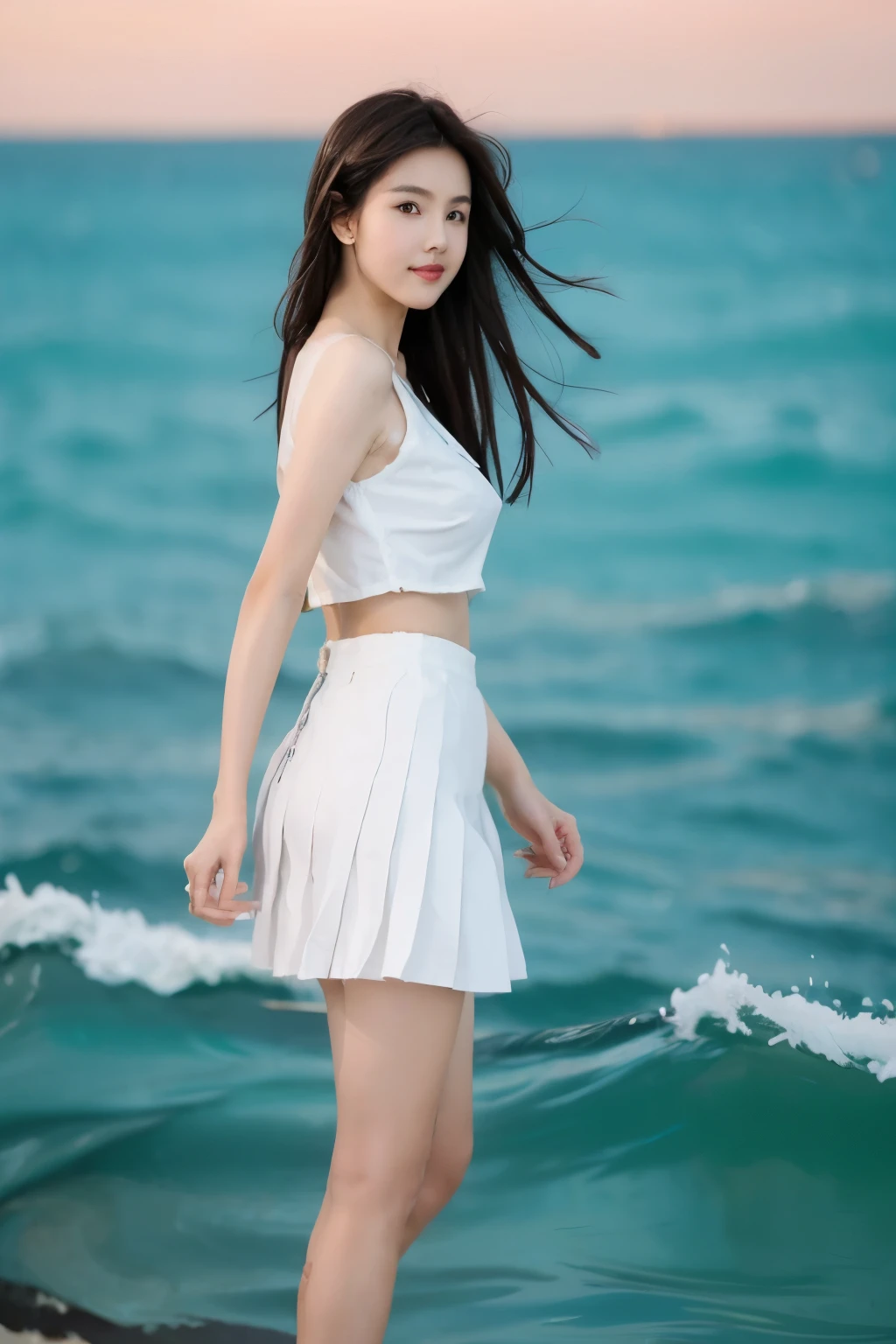 Beautiful woman with perfect body：1.4，Layered Hairstyle，Prominent cleavage，Highly detailed face and skin textures，Double eyelids，Skin Whitening，Long hair，Whitened long legs，（White shirt，Pleated Skirt）Standing by the sea