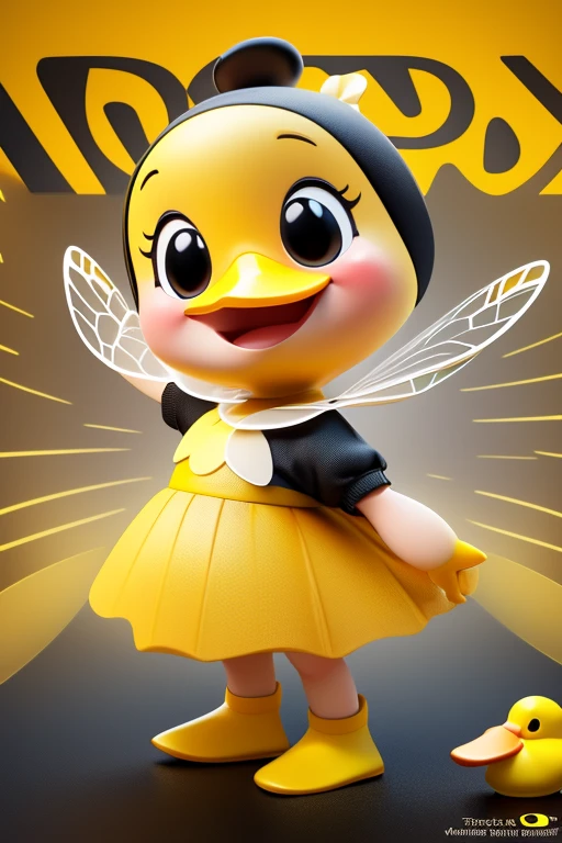create an image of a beautiful and happy baby duck dressed as a bee with a skirt and with lines in black and yellow colors in Pixar format. put the name: "Patytos de Layme" in 3D