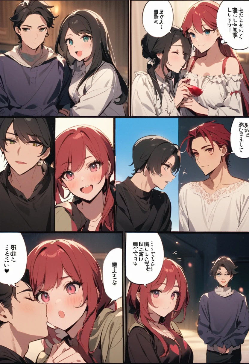 **Title: "Sob a Passarela"**
**Painel 1: Adolescence**
*Cena: Dois adolescentes trocando mensagens no celular.*
*Ele*: Alto, pele clara, sorriso com covinhas. Ela: Cabelos longos e pretos, pele branca, menor que ele.
**Dialogue Bubbles:**
- Ele: *"Bom dia! I hope you have a great day at school today!"*
- Ela: *"Obrigada! You always make me smile. :)"*
**Painel 2: Seis Anos Depois**
*Cena: Eles continuam trocando mensagens diariamente, agora jovens adultos.*
**Dialogue Bubbles:**
- Ele: *"Do you have plans for the weekend?"*
- Ela: *"Na verdade, no... Que tal irmos ao cinema?"*
**Painel 3: Primeiro Encontro**
*Cena: Eles se encontram pela primeira vez. She now has medium red hair. They are holding hands in front of the cinema.*
**Dialogue Bubbles:**
- Ele: *"You look beautiful with this new look."*
- Ela: *"Obrigada! You look great too."*
**Painel 4: O Primeiro Beijo**
*Cena: They walk together after the movie, param sob uma passarela iluminada por luzes suaves.*
**Dialogue Bubbles:**
- Ele: *"It was a great movie, but the best part was spending time with you."*
- Ela: *"Eu sinto o mesmo."*
*Imagem: Eles se beijam pela primeira vez.*
**Painel 5: Apaixonados**
*Cena: Various romantic encounters. Um deles na chuva, onde eles se beijam.*
*Imagem: Eles se beijam na chuva, molhados e sorrindo, hugged.*
**Dialogue Bubbles:**
- Ela: *"I've never felt this way with anyone before."*
- Ele: *"Nem eu. I think I found my soulmate."*
**Painel 6: Para Sempre Juntos**
*Cena: She holds his hand tightly, olhando nos olhos dele.*
**Dialogue Bubbles:**
- Ela: *"I don't ever want to leave your side again."*
- Ele: *"And you will never need. Estamos destinados a ficar juntos."*
*Imagem: They hug under the catwalk, sorrisos no rosto, selando seu amor eterno.*