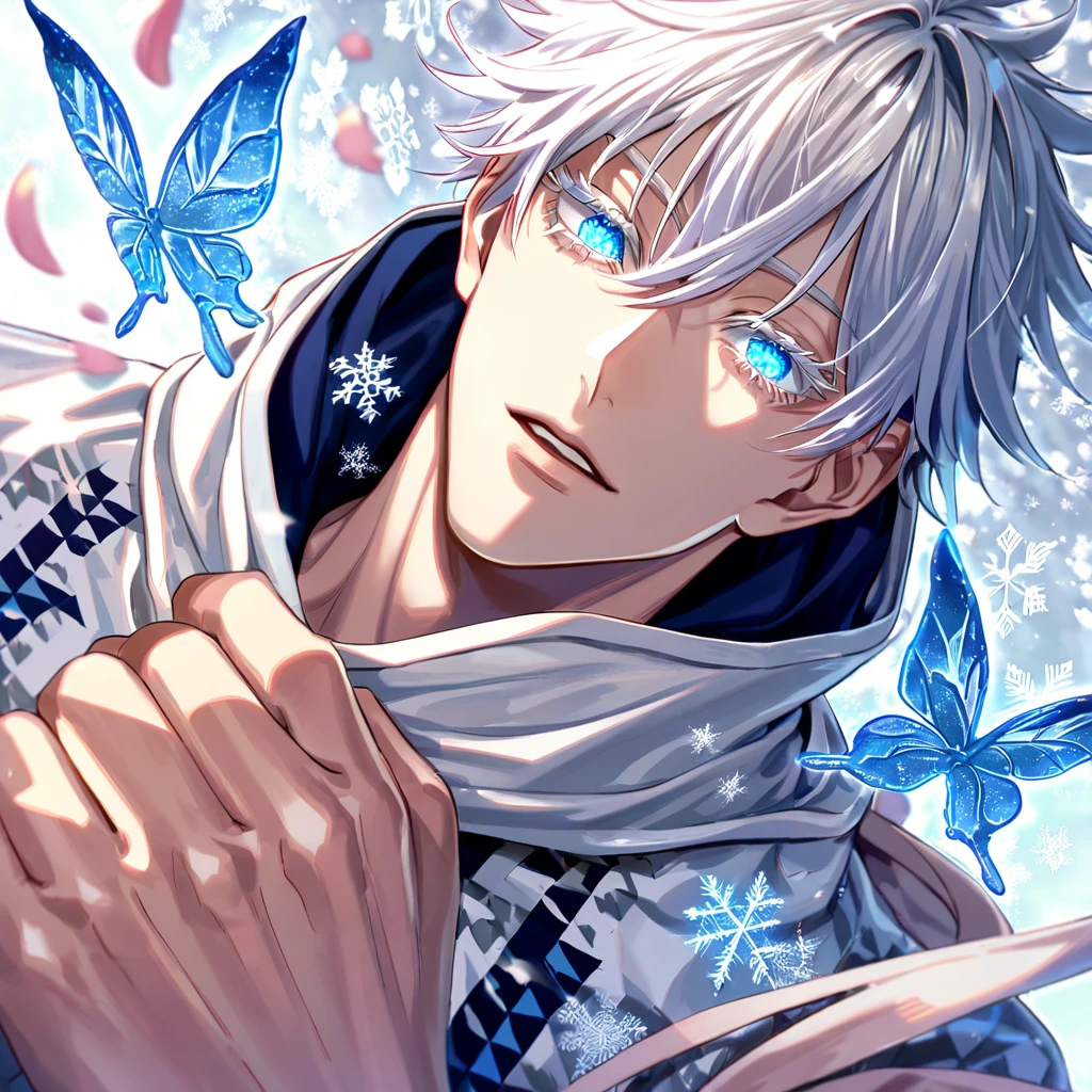 Ultra detailed, Highres, absurdres, HDR, Gojo Satoru, white hair with bangs, expressive blue eyes, hair between the eyes, white eyelashes, white coat with patterns with a hoddie, Jujutsu Kaisen, white flowers, winter, ice, snowflakes, petals, handsome, sexy man, solo, very detailed eyes and face, ice butterflies, master piece, toned chest, glittering, fantasy,