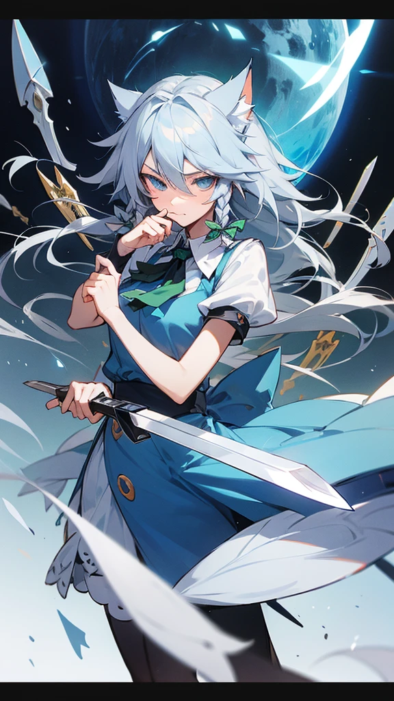highest quality　Neutral face　woman　I have long hair　Odd Eye　one person　Gray Hair　Sakuya Izayoi　beautiful girl　Cat ear　kind　Embarrassed　Silver knife