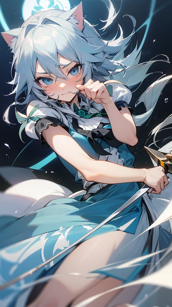 highest quality Neutral face woman I have long hair Odd Eye one person Gray Hair Sakuya Izayoi beautiful girl Cat ear kind Embarrassed Silver knife