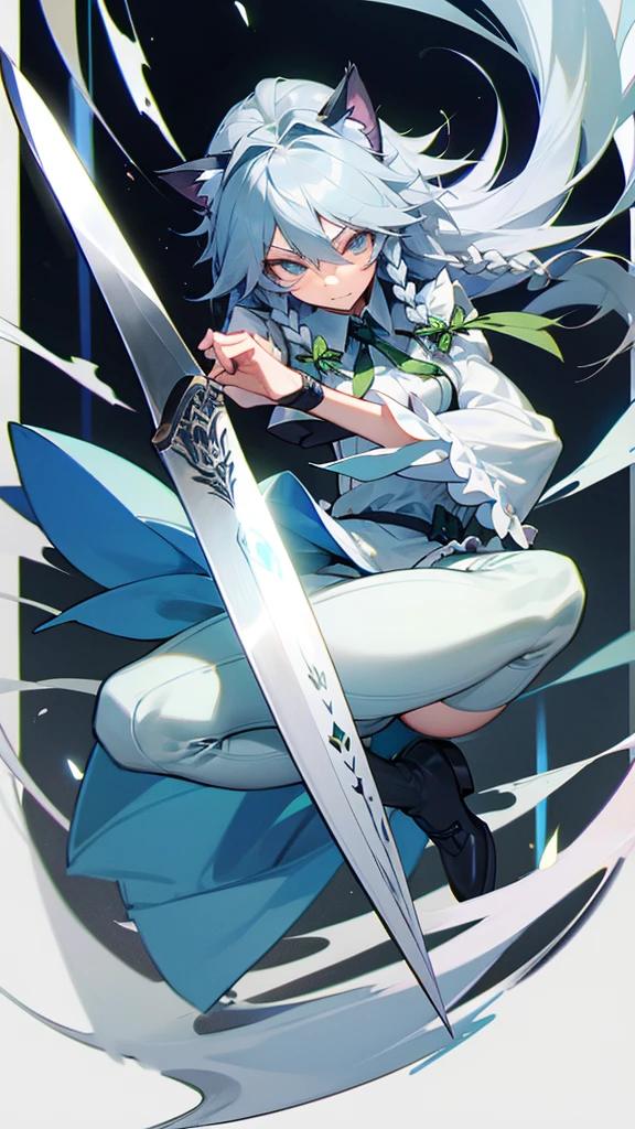 highest quality　Neutral face　woman　I have long hair　Odd Eye　one person　Gray Hair　Sakuya Izayoi　beautiful girl　Cat ear　kind　Embarrassed　Silver knife