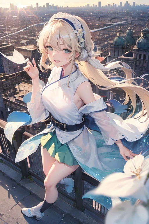 Official Art, masterpiece, Clear focus, (beautiful, Beautiful and cute Korean woman:1.3), (Beautiful and cute Korean:1.3), Korean beauty, 精致beautiful头发、Eyes and face, actual, Super detailed, beautiful女孩, Blue sky, Glowing white particles, (Side Light:1.2), Sunlight, White Cloud, Detailed clouds, Slim, Such a cute big ass, Smile with teeth bared, ((Smile with your eyes, Open your eyes)), landscape, Long straight hair, sexy facial expression, architecture, (city View:1.7), Dynamic Hair, very Long straight hair, Delicate platinum-blonde hair, Green Eyes, Pink skirt, Black socks, Pale skin, Hair accessories, epic landscape,,White high heels,Nice ass,beautiful buttocks,There's nothing under the skirt.,weight loss