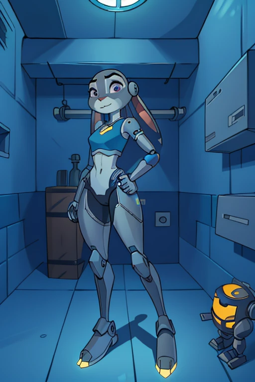 1 garota, Judy, as (robot:1.3), posando, mechanical arms and legs, pernas cruzadas, prison cell, sangrando, mijando
