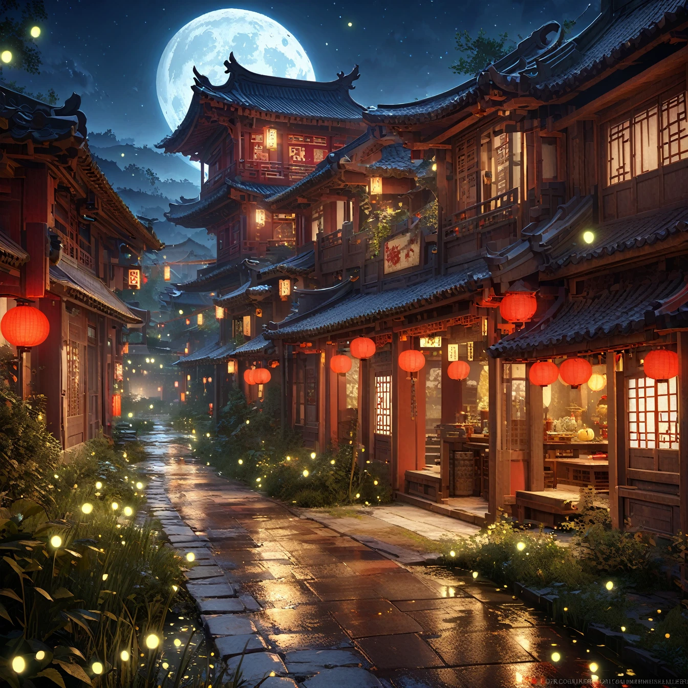 Official Art, ancient China, Ancient Street, (Lots of fireflies), (night), (moon), Light, Beautiful views, Spectacular landscapes, Realistic lighting, masterpiece, high quality, Beautiful graphics, High detail, Global Illumination, Unreal Engine Rendering, Octane Rendering, (High resolution:1.3)