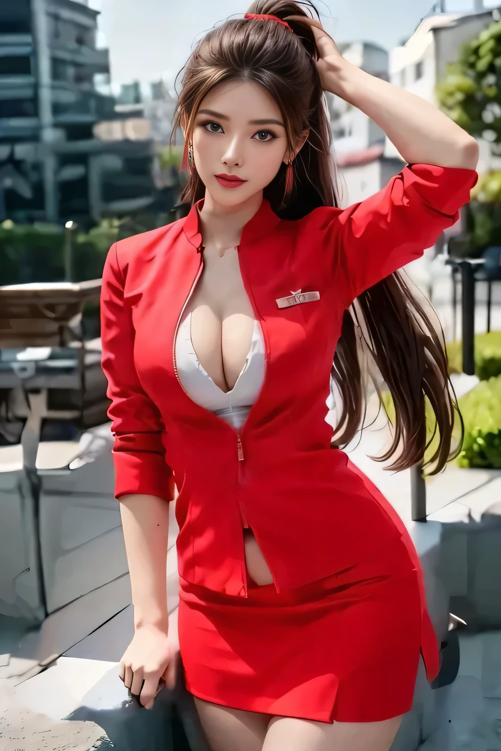 AirAsia red jacket uniform、Long hair down to the legs、Dark brown hair、Hair tied up、Tie your hair back in a ponytail、ponytail、Red rubber band、Luxury earrings、Captivating look、Blue Eyes、22 year old Asian female