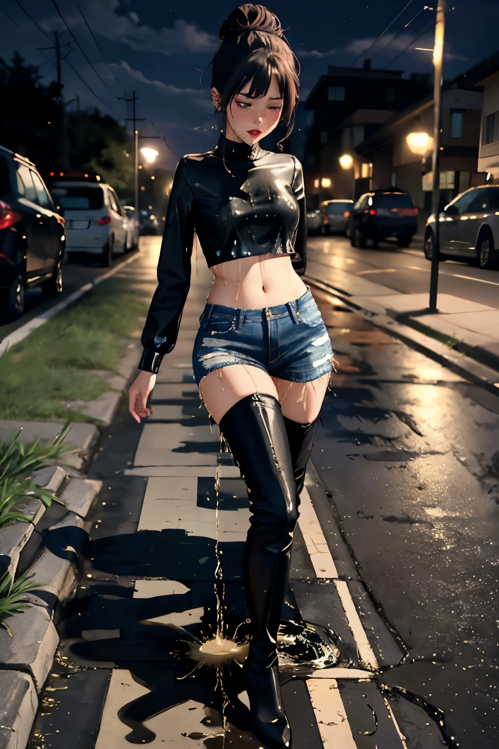 anime, highres, beautiful women, high detail, good lighting, lewd, hentai, (no nudity), (((jeans))), ((tight leather top)), (((leather thigh high boots))), bare midriff, ((wet crotch)), (((peeing herself))), (((wetting herself))), ((((peeing self))), (pee streaming down legs), peeing stain, (puddle), (thick thighs), nice long legs, lipstick, detailed face, pretty face, hair tied up, embarrassed blushing face, humiliated, ((on sidewalk at night)), hihelz