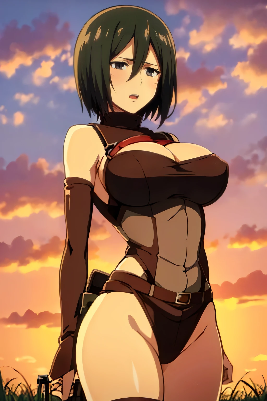 A sexy woman “mikasa” with big breasts and big ass standing in a green field , sunset background , short hair 