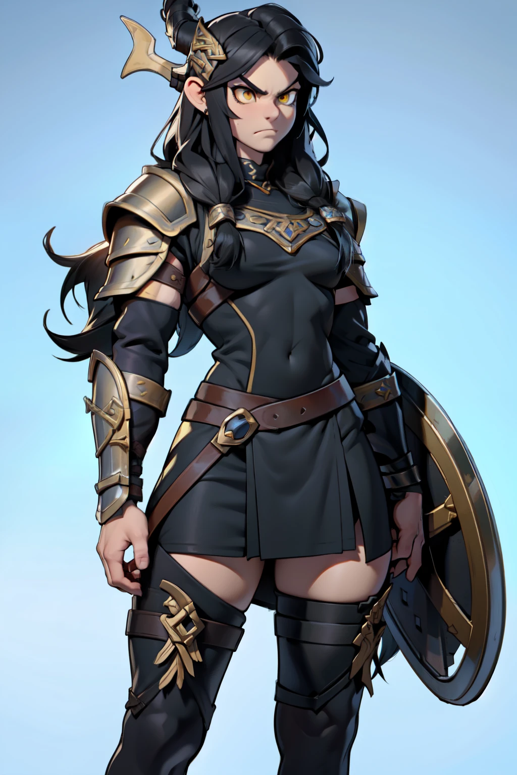 (((muscular))), (thick thighs, small breasts, toned body, 1 girl), black hair, pale skin, yellow eyes, angry, very long hair (((viking armor)))