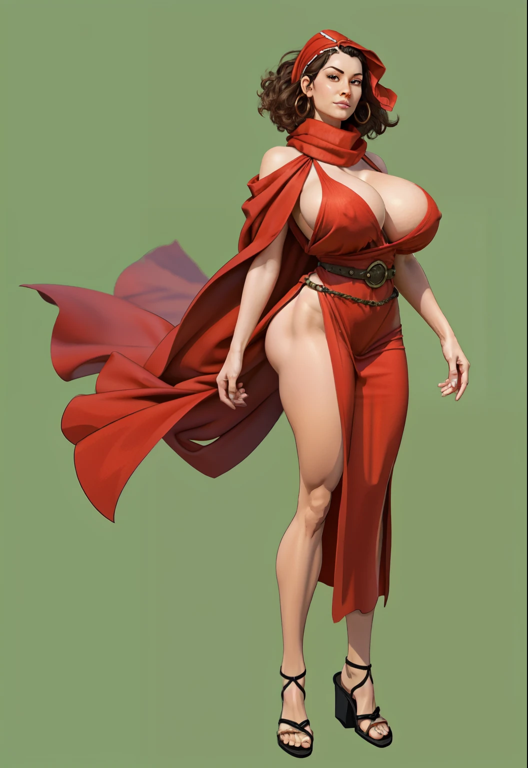 Woman pirates wearring realistic pirates cloths,30 years old, latina face looking up, ((curly hair)) , ((gigantic breasts)), (gypsy), brown skin, mature, short hair, Stand up, maquiagem, Lips are soft or colored, light, uncontrasted, flat wallpaper background, silhuetas simples, lineart, minimalist, green eyes, ((red bandana on forehead)). Full body shot. At a ship in sea.