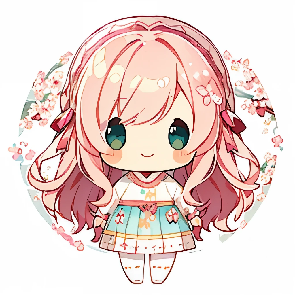 Transparent watercolor、girl、Gemstone Eyes、Beautiful arrangements and motifs、Depth of written border、Flat avatar, 1girl, smile, Light pink hair((Medium Hair、Wavy Hair)), White tips, Pink mesh hair、Fashionable design clothes((Pink and white)),Background white、Cherry blossom petals, Cute girl, Modest clothing, Cherry Blossom Tights