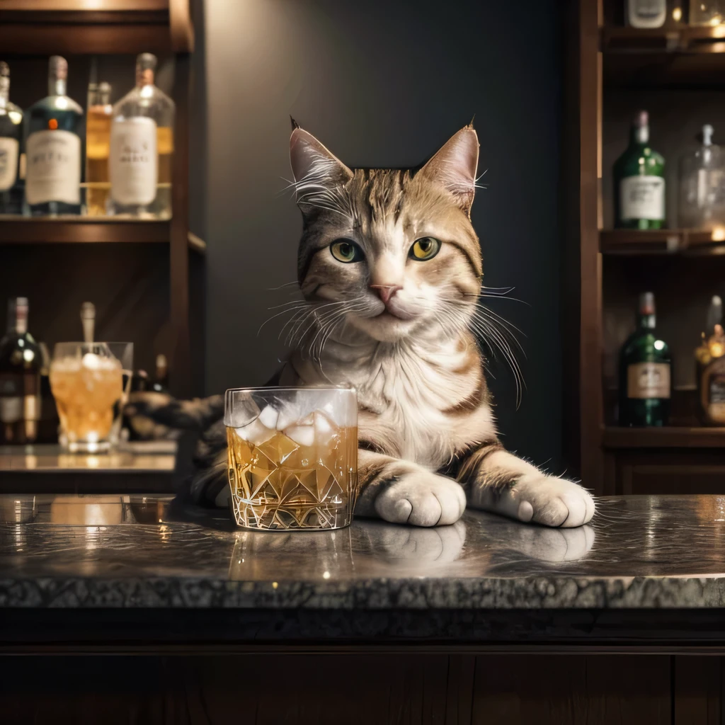 TOP quality,8K, masterpiece, (realistic:1.2), (cat:1.2), (bar, drink:1.3),