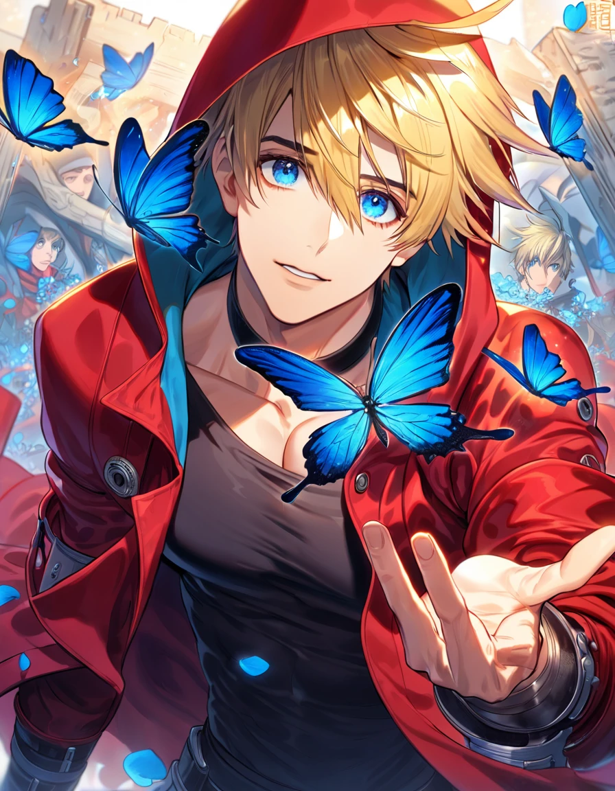 absurdres, highres, ultra detailed, HDR, master piece, best quality, Vash stampede, blonde hair, expressive blue eyes, Trigun, solo, sexy man, handsome, toned chest, black shirt, red coat with a hood, blue butterflies, blue petals, blue flowers, magical, fantasy