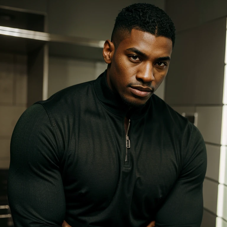 Miguel Belfast Labuff a tall black man with green eyes, muscular businessman with a military haircut