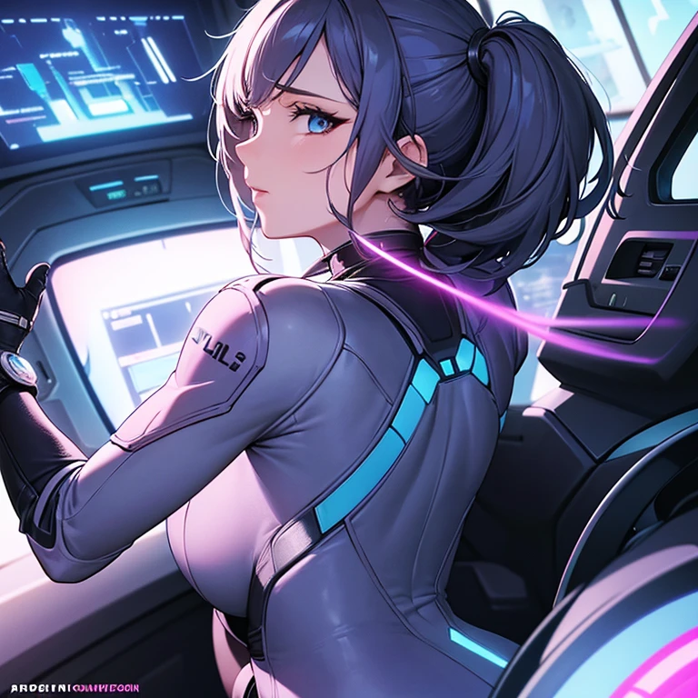 (best quality:1.3), (best performance:1.2), (best illustration:1.2), (cartoon style:1.2), (artistic movie lighting:1.2) (1 person) (cool back view) A middle-aged woman in her 40s wearing a futuristic cyberpunk bodysuit is lying on the floor with her upper body exposed and holding the steering wheel of a machine..., butt close up, looking at viewer, View below, tight bodysuit, Upper body turns to the side, big ass, big bust, outstretched arm, dehisce, brilliant eyes,