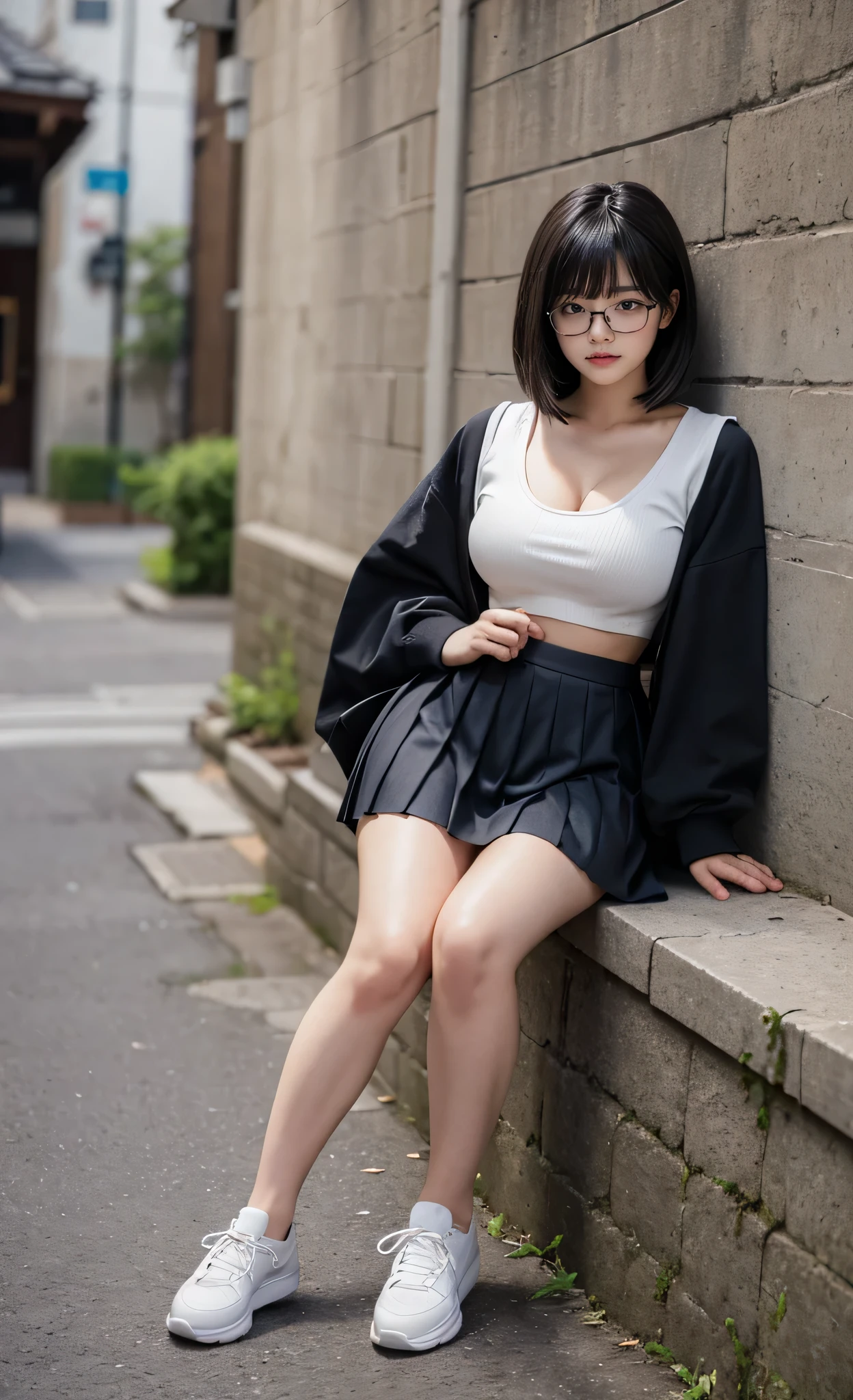 detailed_background, realistic, full body, 1girl, eye glasses, blushes, dark alley, black hair, straight bob hair, bangs, cleavage, big bust, small waist, bare legs, thighs, thicc_thights, knees, sneakers, white crop top sailor uniform, pleated skirt, sitting_down,